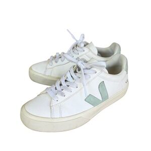 Veja Campo White Leather Sneakers with Sage Green Suede Logo Women's US 7/EU 38